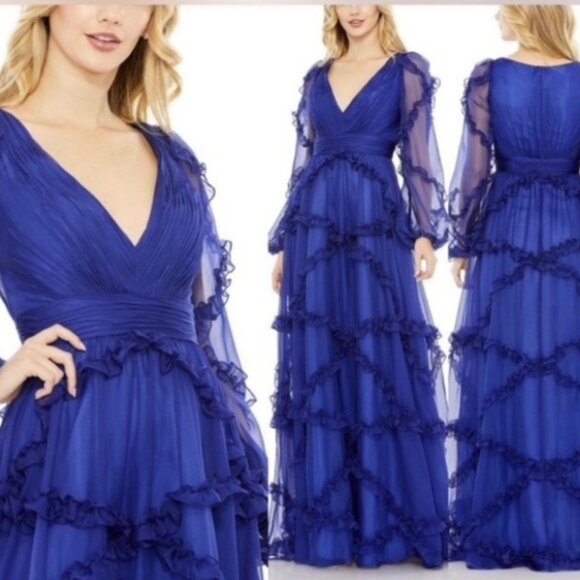 Mac Duggal Sapphire Blue Cascade Ruffle Puff Sleeve A Line Gown Size 2 / 4 - Picture 1 of 7